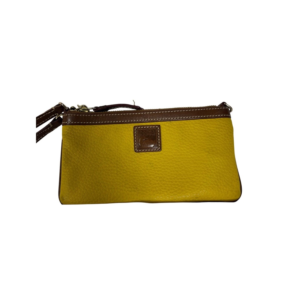 Dooney & Bourke Pebbled Leather Wristlet Yellow Brown Trim Zip Top Clutch